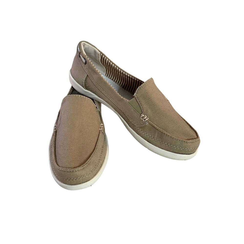 Crocs Women;s Size 6 Boat Shoes Canvas Slip on Loafers Biege Non-Marking Soles
